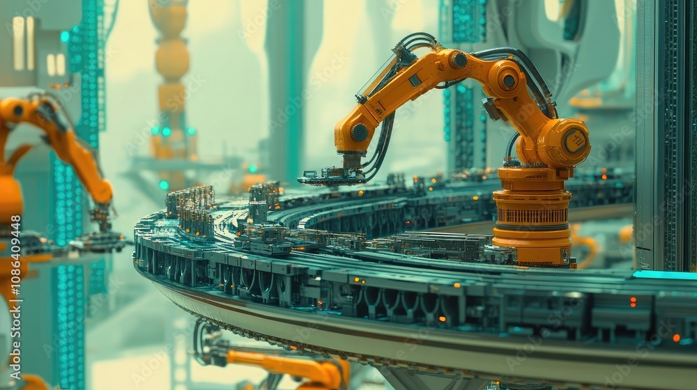 Aufkleber futuristic industrial robotic arm on automated production line in a high-tech manufacturing environm