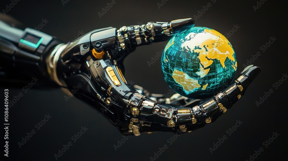 Poster robotic hand holding a globe symbolizing technology and innovation in a globalized world with a focu