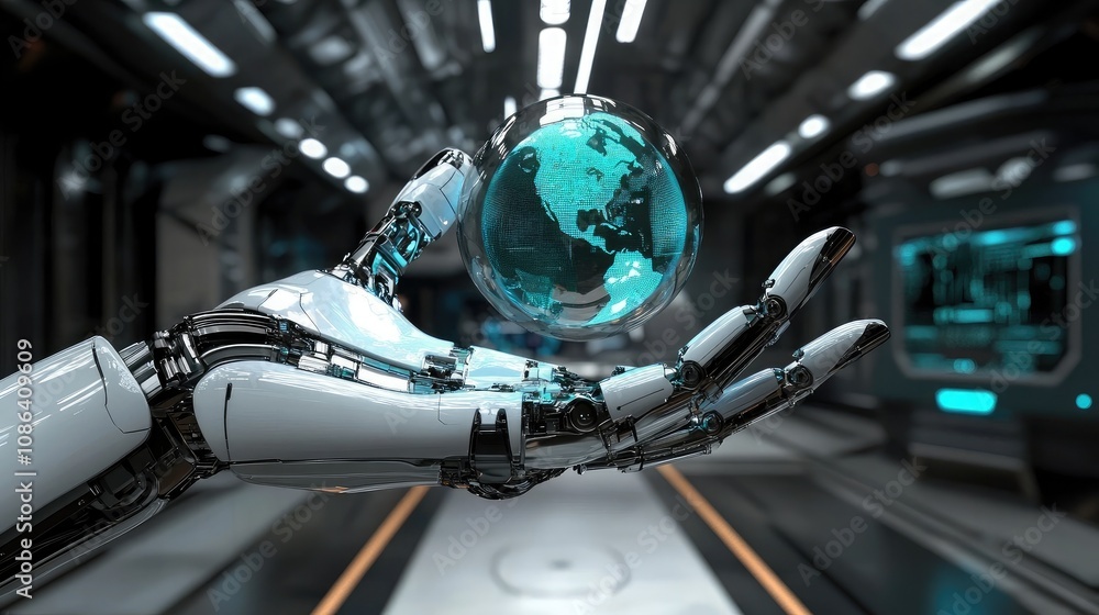 Poster futuristic robot hand holding a transparent globe of earth with technological background in a sci-fi