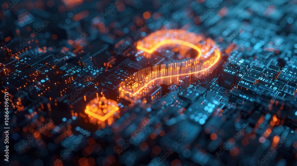 Poster a glowing question mark sits on a circuit board, representing a question of digital technology or da