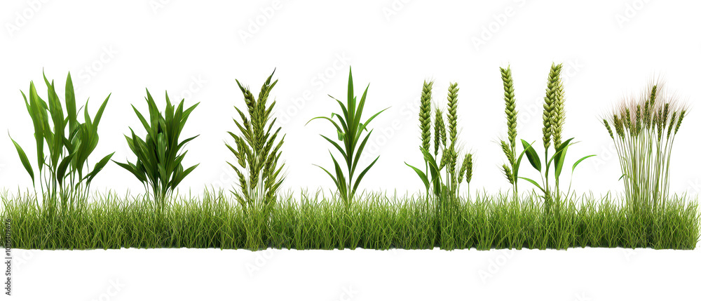 Poster a row of plants with different types of leaves and stems. transparent background
