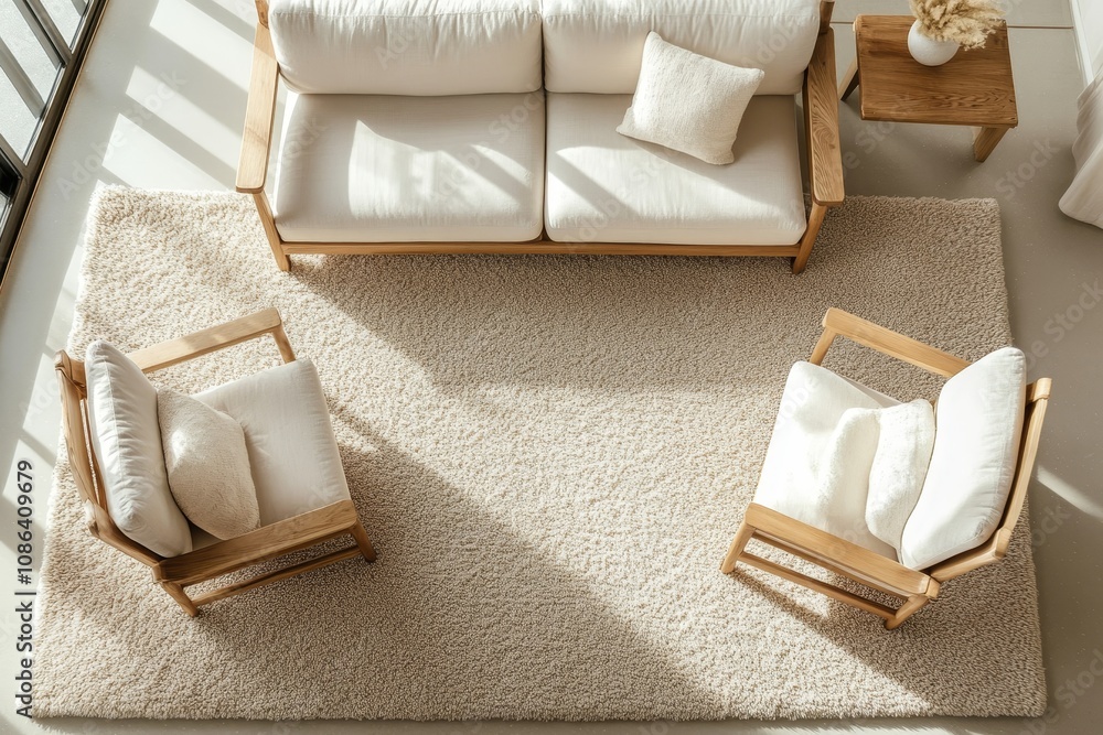 Poster top view of a white sofa and two armchairs on a fluffy white rug with natural sunlight streaming in.