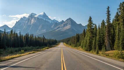 Empty stretch of asphalt road running parallel to a mountain range with a clear blue sky above and pine trees in the foreground, vast open space, natural landscape