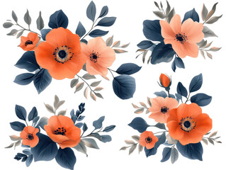 A set of four different colored flowers with blue leaves. transparent background