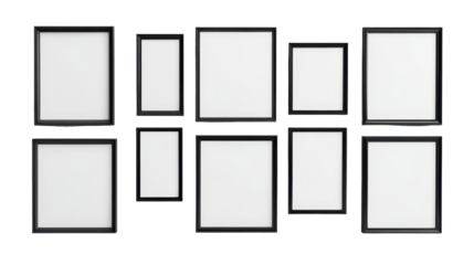 A row of black framed pictures with white borders. transparent background