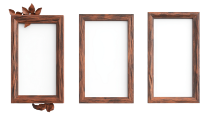 Three wooden frames with white borders. transparent background