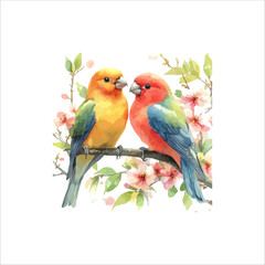 Watercolor lovebirds couple on a branch illustration. love Birds and heart watercolor vector.
