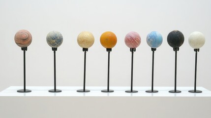 Artistic Representation of the Solar System Planets in a Gallery Setting with Colorful Models Displayed on Pedestals Against a Neutral Background