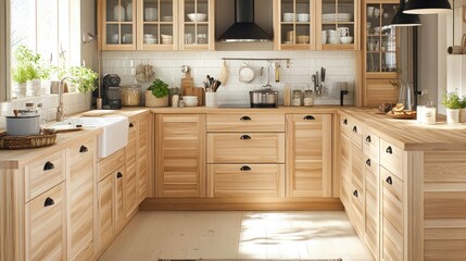 Modern and Inviting Kitchen with Natural Wood Cabinets, Bright Sunlight Streaming Through Windows, and Tasteful Decor for a Warm Atmosphere