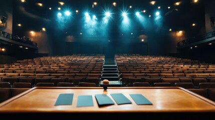 Obraz premium A Captivating Stage Setting with Empty Seats and Dramatic Lighting in a Modern Theater, Ready for a Performance or Presentation Event