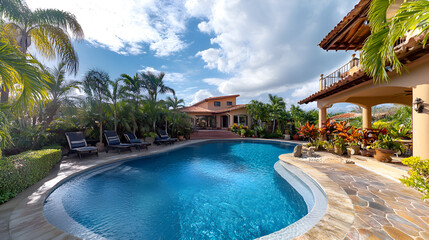 Fototapeta premium Luxury Villa with Pool for real estate concept - Upscale property featuring a private pool. Suitable for marketing or business purposes. Panoramic banner with place for text