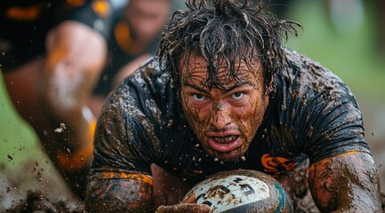 Mud-covered rugby player intensely focuses on the ball during a match.