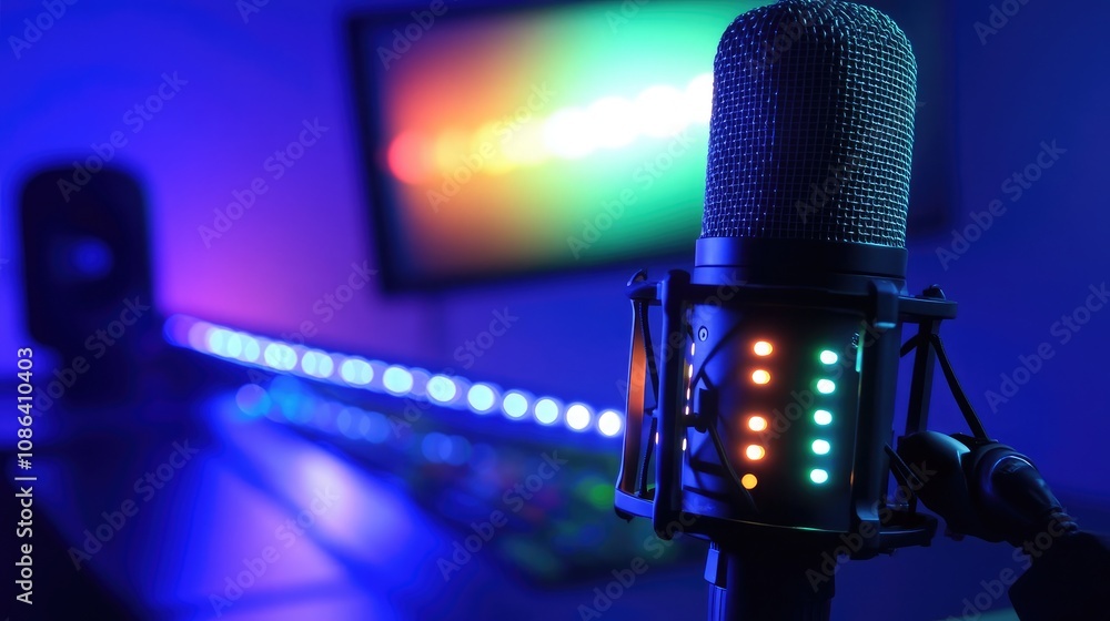 Poster colorful microphone in studio setting with ambient lighting and digital display for music production