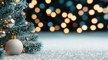 Obraz premium Festive Christmas Tree Branch with Ornaments Glittery Background Holiday Decor