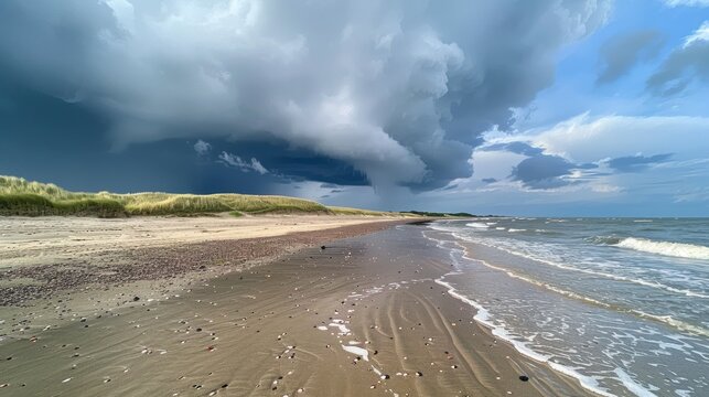 Dramatic storm clouds gather over a sandy beach with rolling waves crashing on the shore.