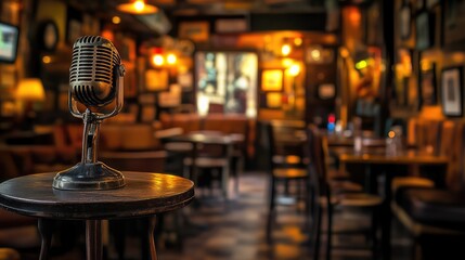 Vintage Microphone on Wooden Stand Surrounded by Cozy Pub Ambiance with Soft Lighting for Intimate...