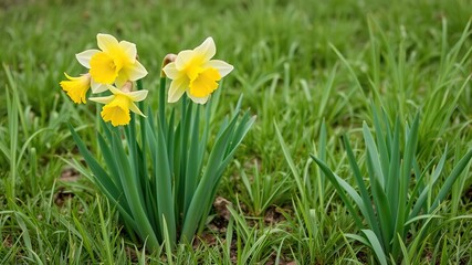 Obraz premium fresh daffodils against light green grass, spring flowers, daffodil blooms, garden life