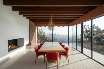 Fototapeta premium Modern dining room with large windows overlooking city skyline.