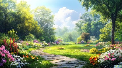 Obraz premium A serene garden path surrounded by vibrant flowers and lush greenery under a bright sky.