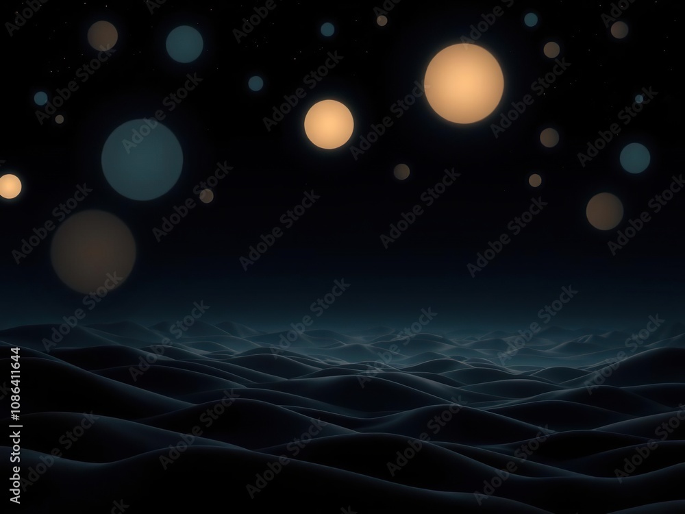 Poster glowing orbs and soft luminescent spots floating above a dark expanse of rolling hills and undulatin