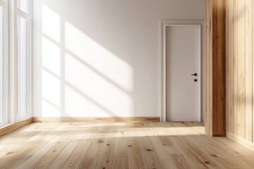 Minimalist empty room with white walls, a wooden door, and large windows with sunlight streaming in.