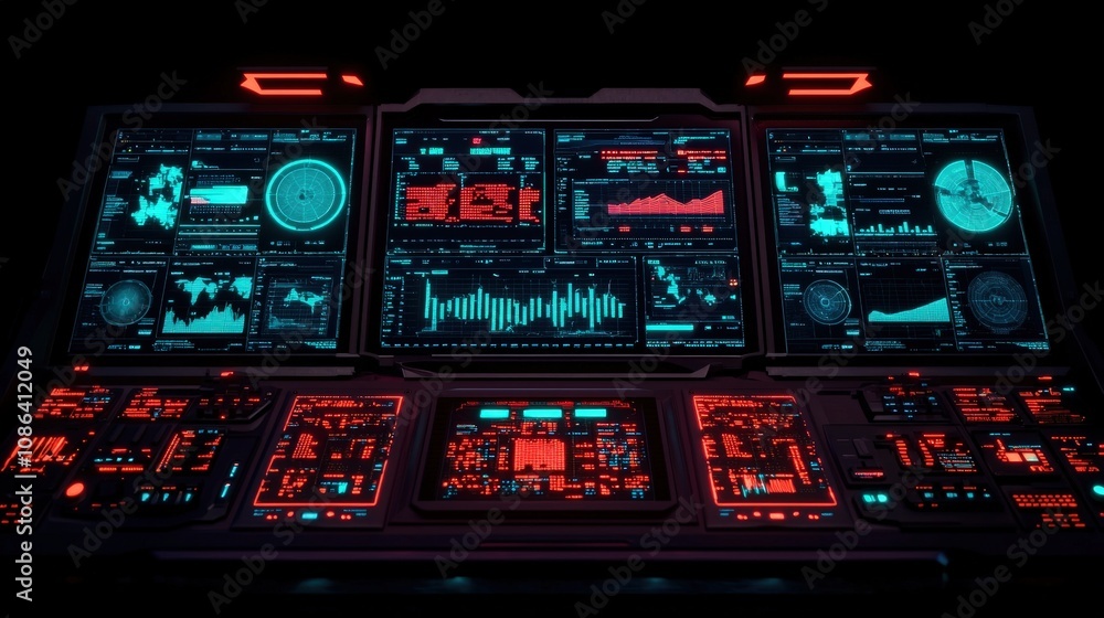 Poster futuristic tech control panel data analysis monitoring sci fi interface