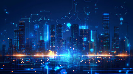 Fototapeta premium Vibrant futuristic cityscape with glowing lights and neon blue background, a vision of urban future. Futuristic Cityscape Vision. Illustration