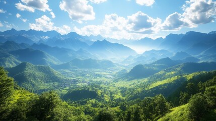 Obraz premium A breathtaking view of lush green mountain and valley under a bright blue sky with scattered clouds.
