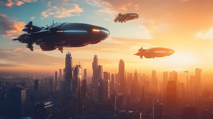 Fototapeta premium Spaceships flying over futuristic cyberpunk cityscape at sunset. Futuristic Cityscape Vision. Illustration