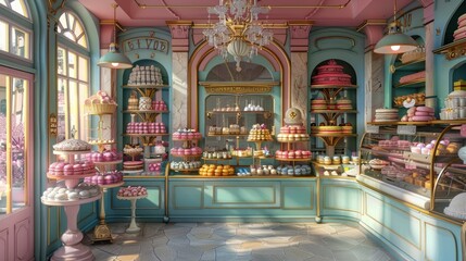 A charming pastry shop with a wide variety of colorful cakes, pastries, and macarons on display.
