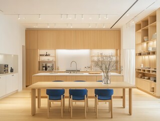 Fototapeta premium Modern kitchen with wood cabinets, a large island, and a dining table with blue chairs.