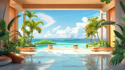 Fototapeta premium Modern luxury villa with an infinity pool overlooking a tropical ocean with a clear blue sky and white clouds.