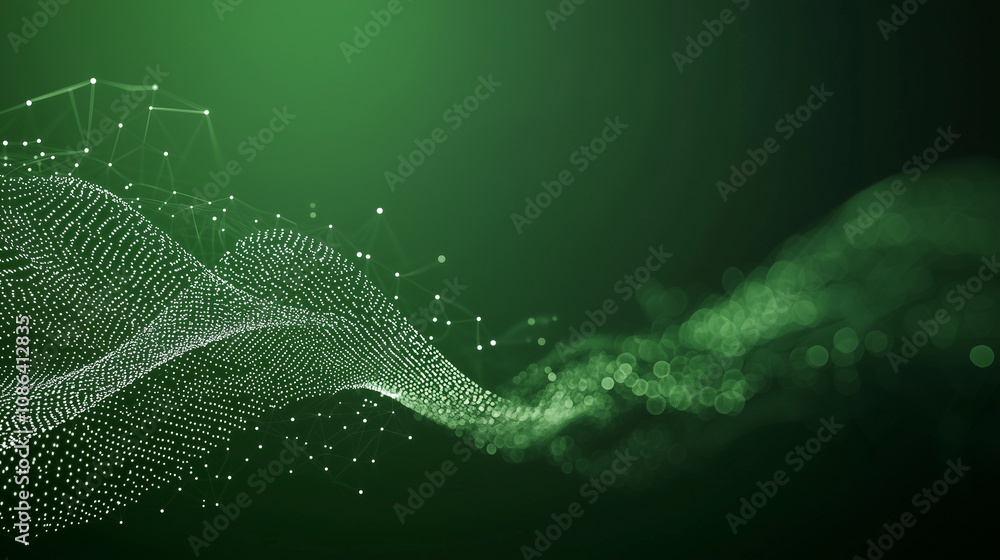 Poster abstract green technology: a digital wave of interconnected dots flows across a luminous green backg