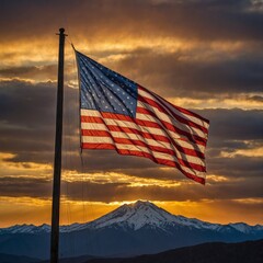 United States: "The American flag waves proudly against a sunset backdrop, with golden-orange skies casting a warm glow. The scene is set near a vast mountain range, symbolizing strength and resilienc
