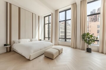 A modern bedroom with a large bed, a plant, and a view of a city.
