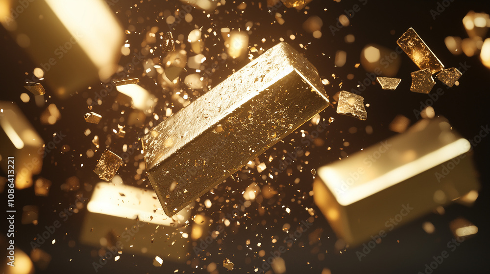 Poster gold rush: a captivating abstract image of golden bars and fragments suspended in mid-air, creating 