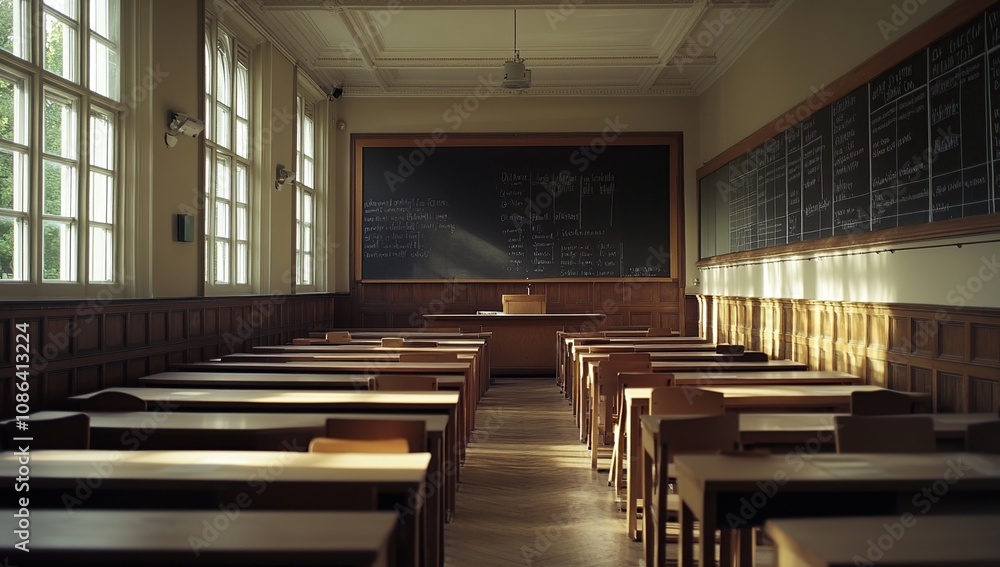 Poster empty classroom with sunlight streaming through windows
