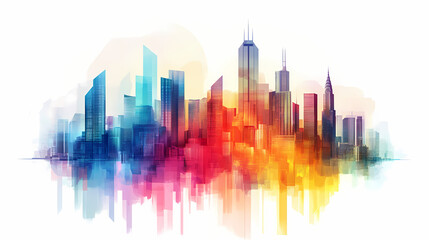 Obraz premium Abstract colorful city skyline with vibrant gradient bars and geometric shapes, creating a modern, futuristic urban landscape on white background. Futuristic Cityscape Vision. Illustration