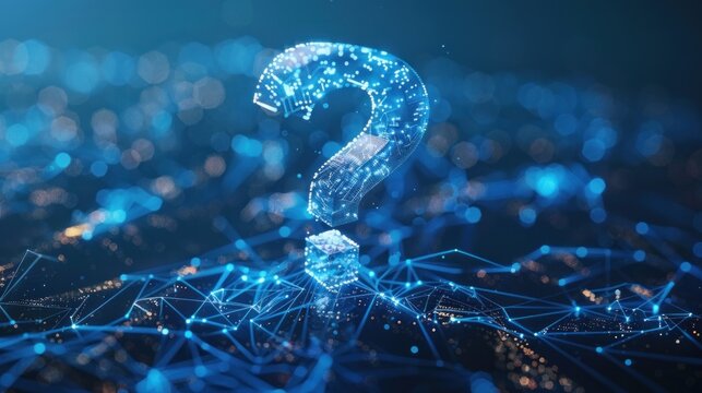 A glowing question mark made of data points sits on a network of lines and points, a representation of the internet and digital technology.