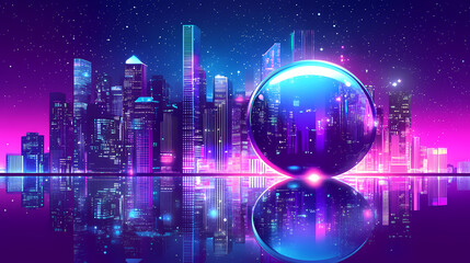 A futuristic cityscape with shimmering buildings and glowing neon lights, reflecting a starry sky and a celestial orb. Futuristic Cityscape Vision. Illustration