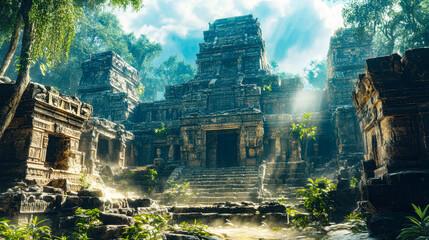 Sunlight beams on ancient stone temple ruins in a serene jungle setting, creating a mystic atmosphere