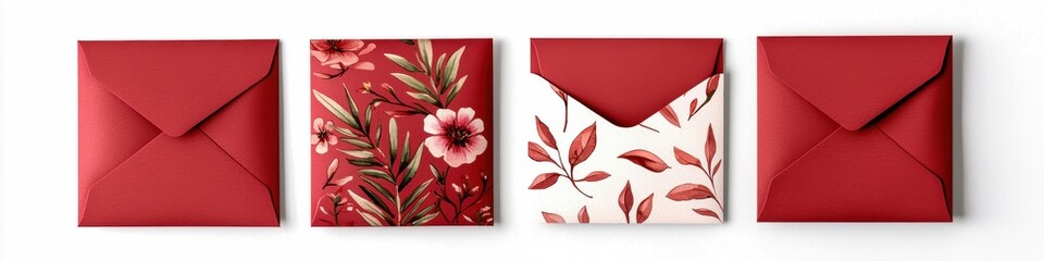 A stylish arrangement of four red envelopes, featuring floral and leaf patterns, perfect for special occasions or gifting.