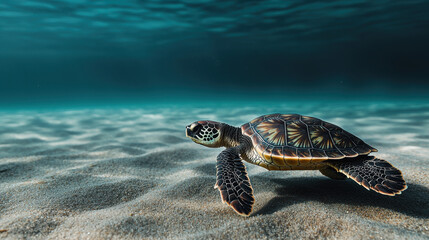 Plastic Pollution Microplastics Wildlife Concept. A sea turtle swimming gracefully over the sandy ocean floor.