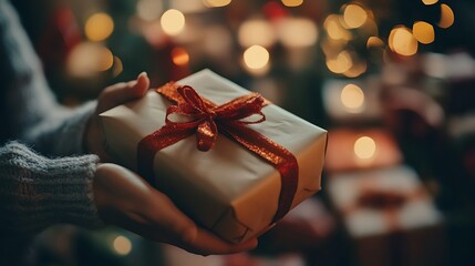 Hands Exchanging a Wrapped Christmas Gift
