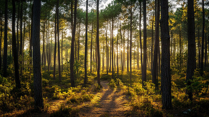View of the lush landes forest in the south