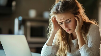 Young Businesswoman Managing Work from Home with Stress, Concentration Issues, and Frustration While Using Laptop for Professional Tasks and Remote Duties