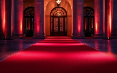 A grand entrance featuring a red carpet leading to an elegantly lit doorway.