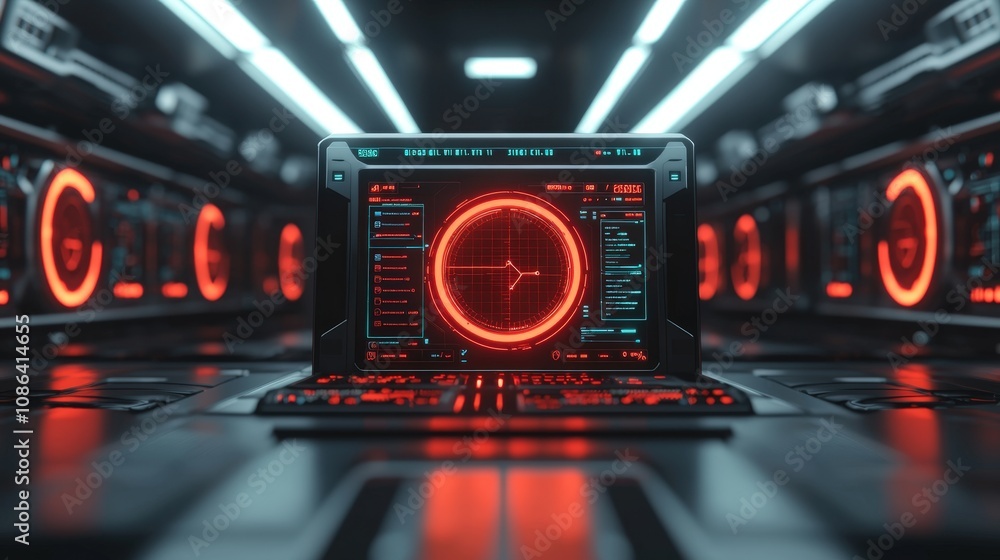 Aufkleber futuristic tech control room red neon digital interface data analytics cyber security