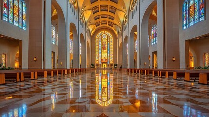 Obraz premium A spacious interior of a church featuring stained glass windows and polished floors.