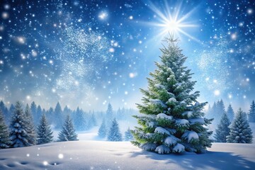 Obraz premium Pine tree in a winter wonderland scene with snowflakes gently falling around it, peaceful, winter